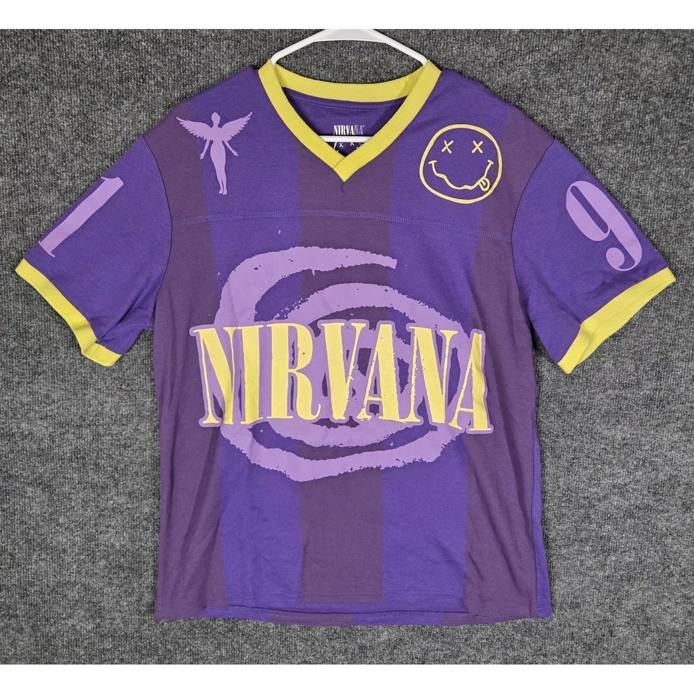Nirvana Purple Jersey Graphic T Shirt Mens Large Smiley 91 Band Tee V-Neck L